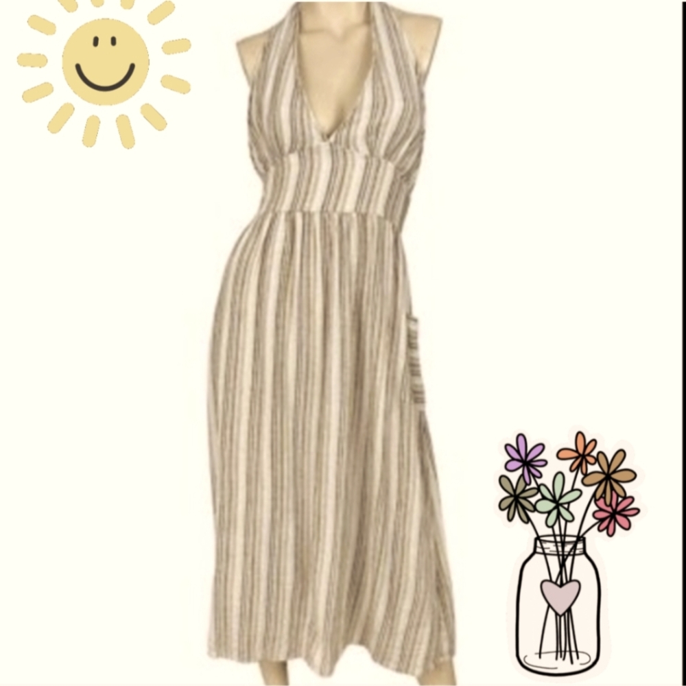 Indigo Rein Linen Halter Sundress Striped Neutrals Tans Sz Small Linen Blend NWT